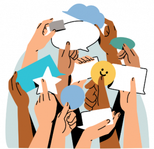 a graphic shows several hands from different skin colours are raised and hold speech bubbles and emojis to represent their opinion
